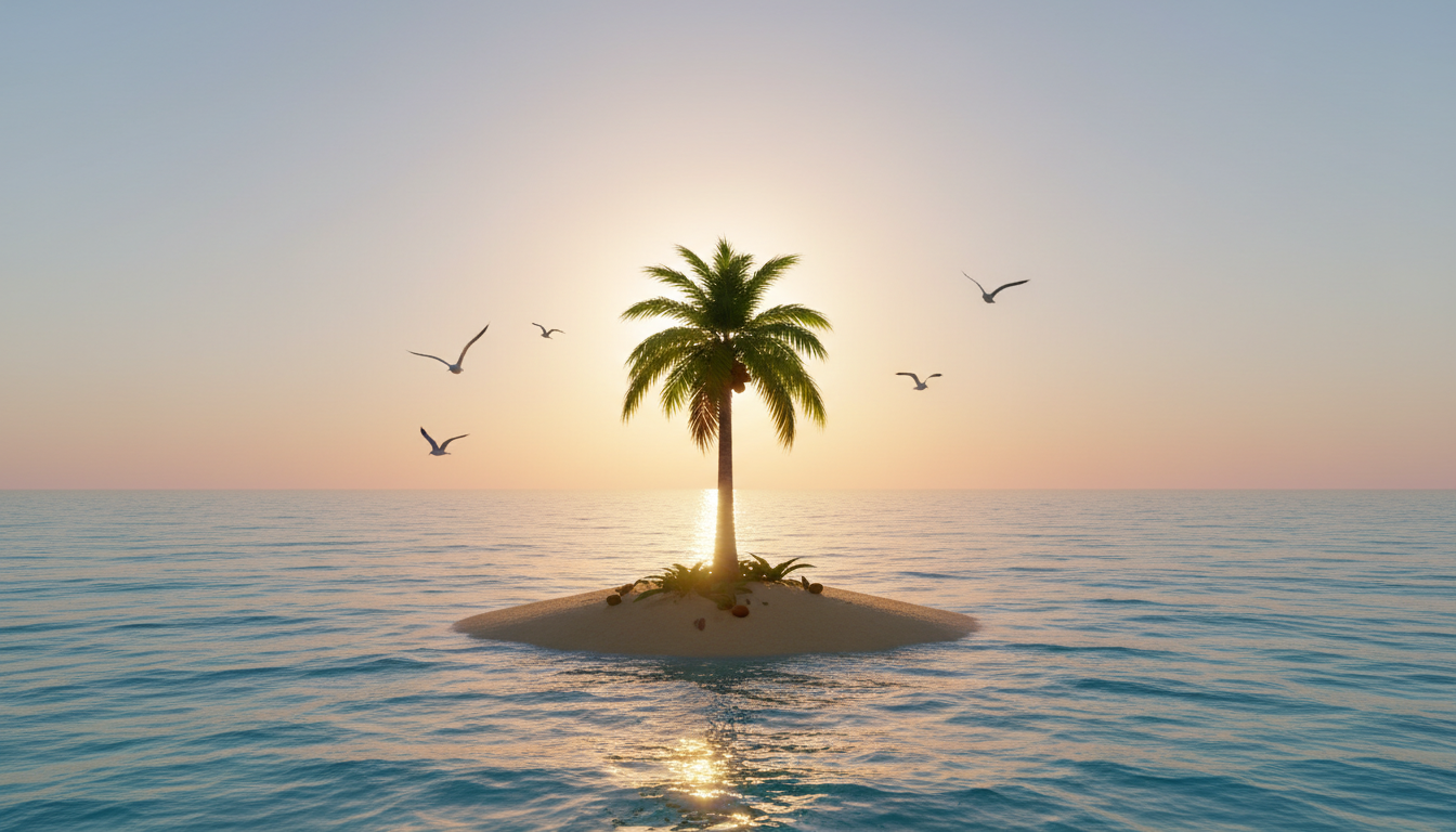 a single Palm Tree on a small island with a bright sun in the background and several flying seagulls
